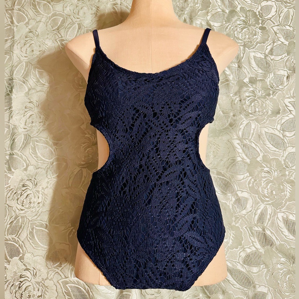 Aerie Navy Crochet One-Piece Cheeky Swimsuit